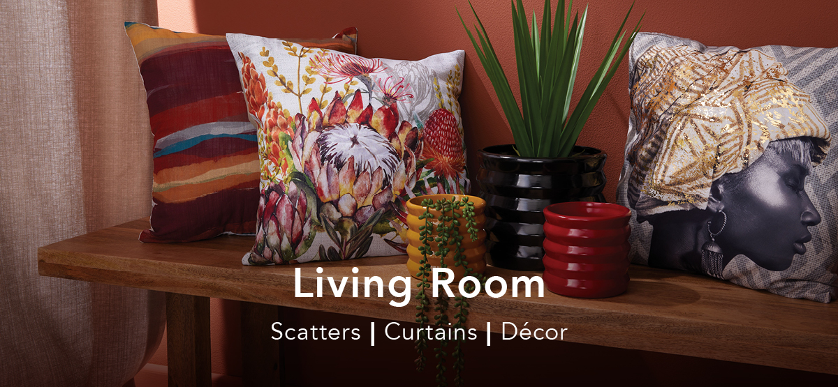 Proudly South African Living Room Locally made scatter cusions, decor accessories, and curtains.