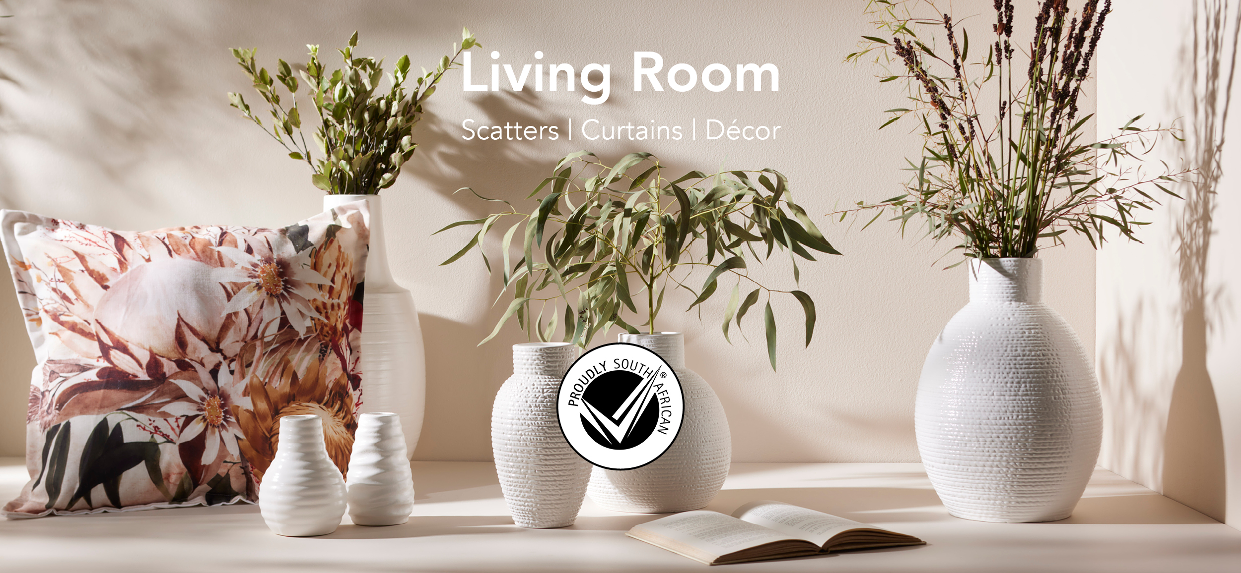 Proudly South African Living Room Locally made scatter cusions, decor accessories, and curtains.